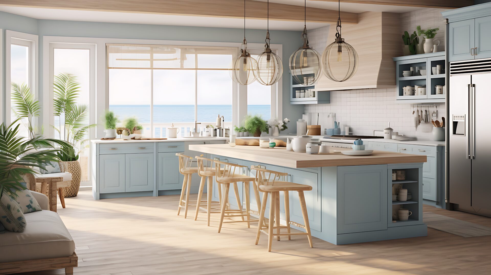 A kitchen with a coastal or beachy vibe.